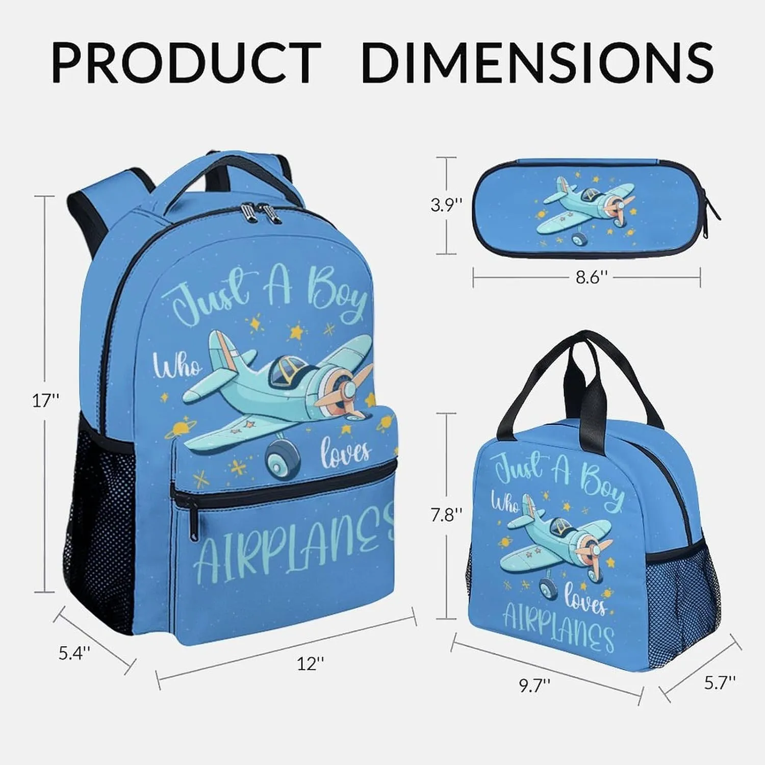Kids Backpack with Lunch Box - Cartoon Airplane Preppy Backpack for School - Lightweight Blue Travel Backpacks for Boys