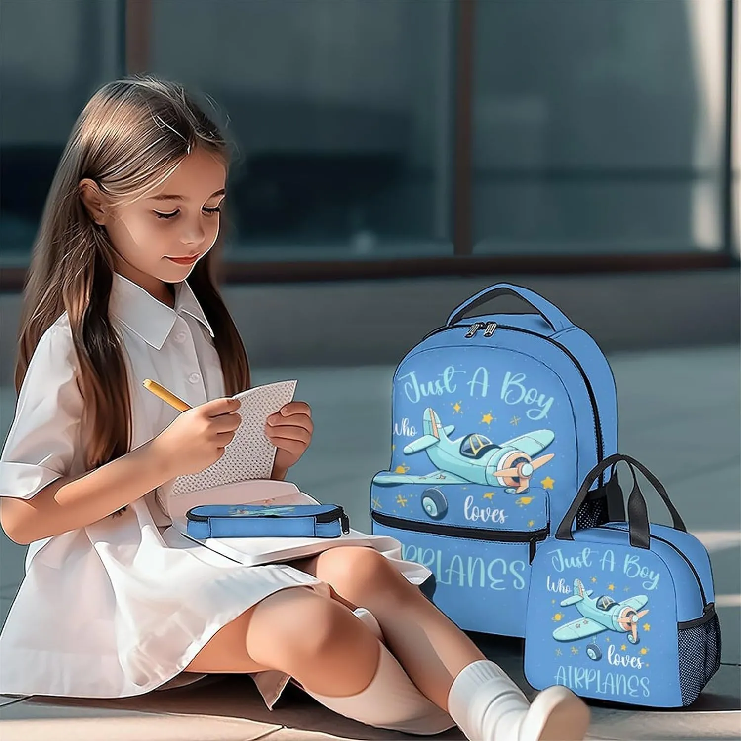 Kids Backpack with Lunch Box - Cartoon Airplane Preppy Backpack for School - Lightweight Blue Travel Backpacks for Boys