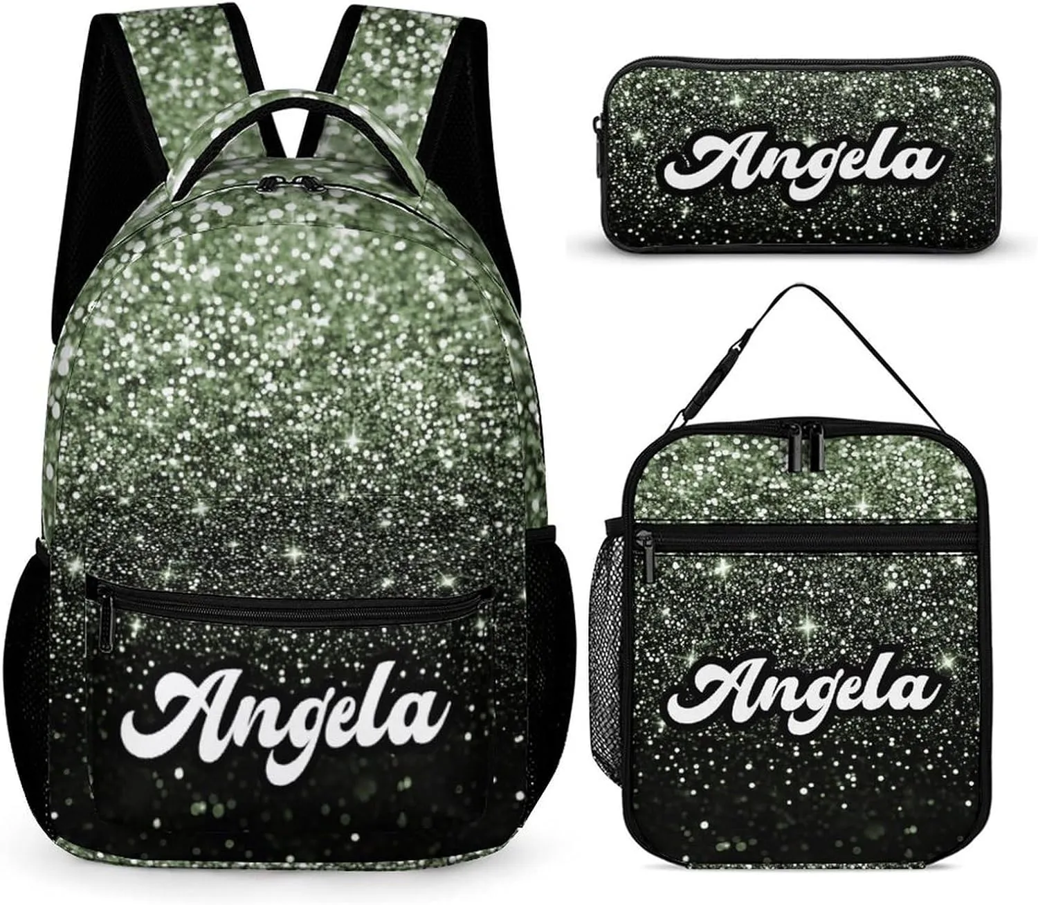Kids Backpack with Lunch Box Set Casual Unisex School Bags Personalized Bling Glitter Sparking Print Backpack Shoulders Bags with Name Bookbag