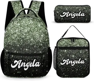 Kids Backpack with Lunch Box Set Casual Unisex School Bags Personalized Bling Glitter Sparking Print Backpack Shoulders Bags with Name Bookbag