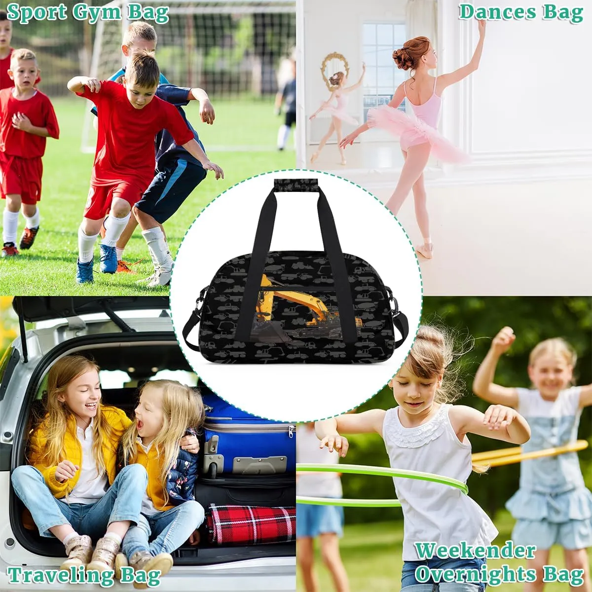 Kids Duffel Bag Cute Truck Excavator Pattern,Sport Gym Bag for Boys Girls,Weekender Overnight Tote Bag Carry On Duffel Bag