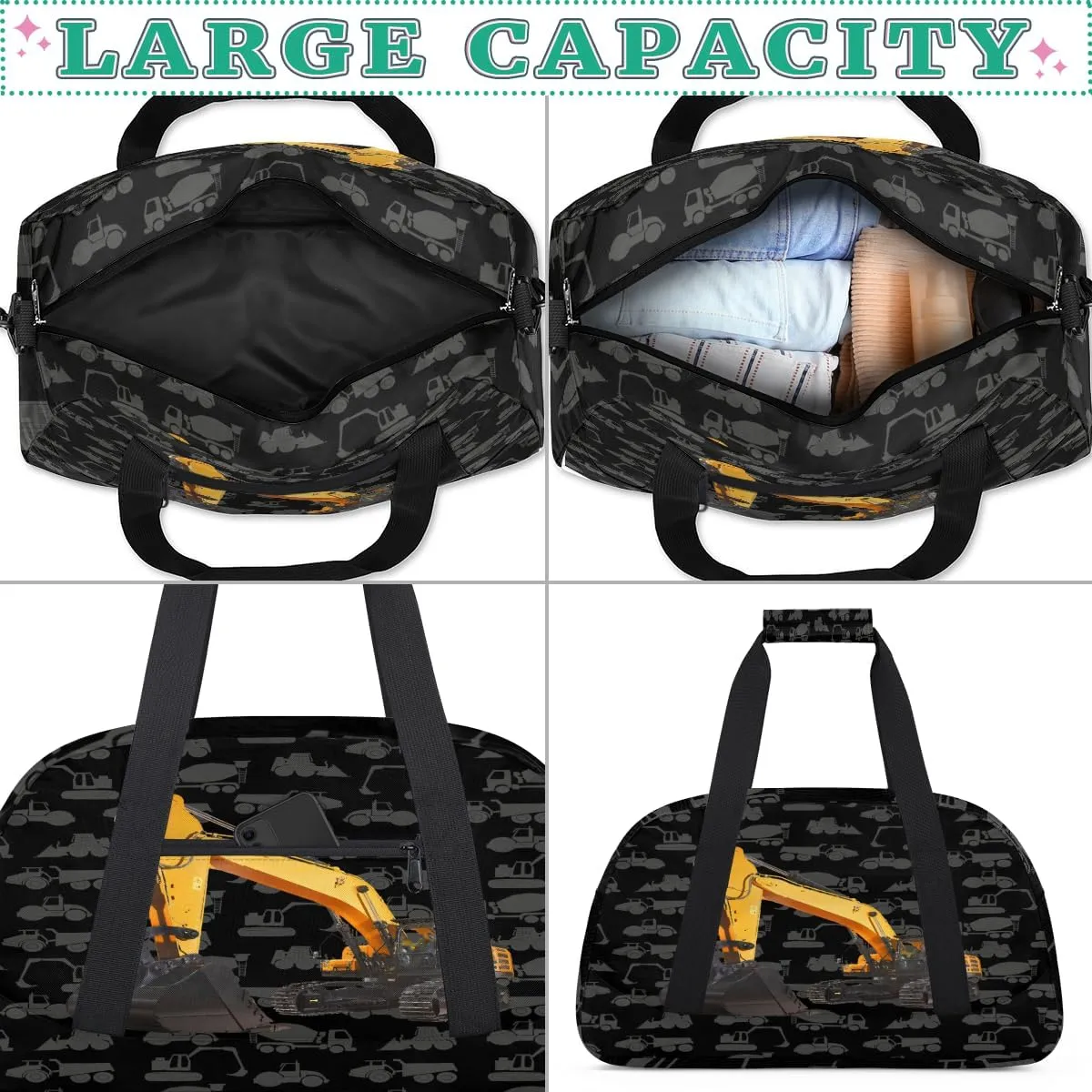 Kids Duffel Bag Cute Truck Excavator Pattern,Sport Gym Bag for Boys Girls,Weekender Overnight Tote Bag Carry On Duffel Bag