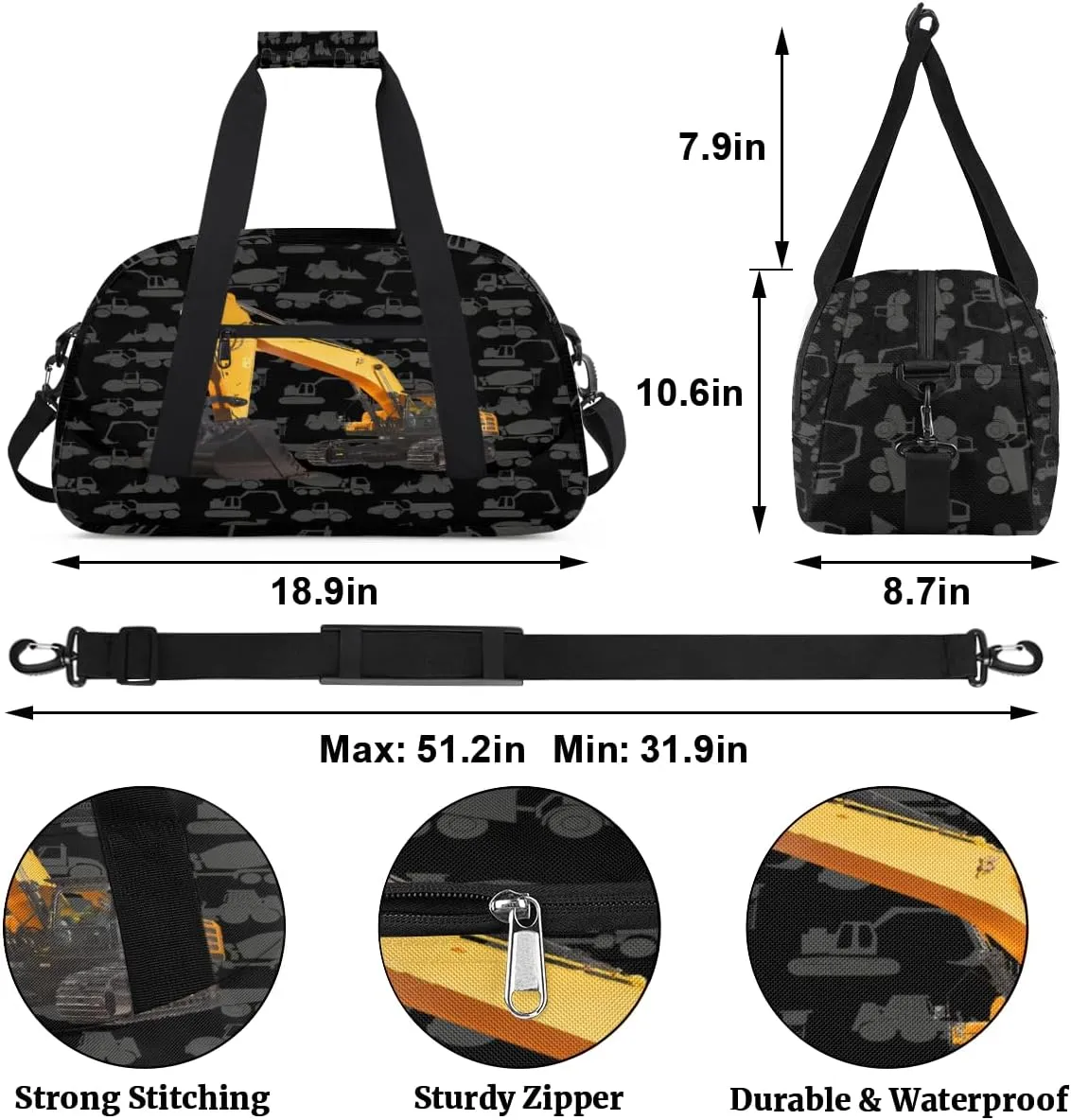 Kids Duffel Bag Cute Truck Excavator Pattern,Sport Gym Bag for Boys Girls,Weekender Overnight Tote Bag Carry On Duffel Bag