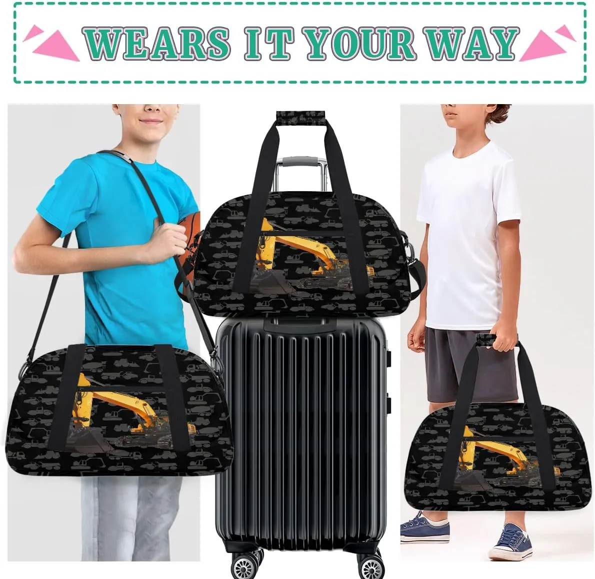 Kids Duffel Bag Cute Truck Excavator Pattern,Sport Gym Bag for Boys Girls,Weekender Overnight Tote Bag Carry On Duffel Bag
