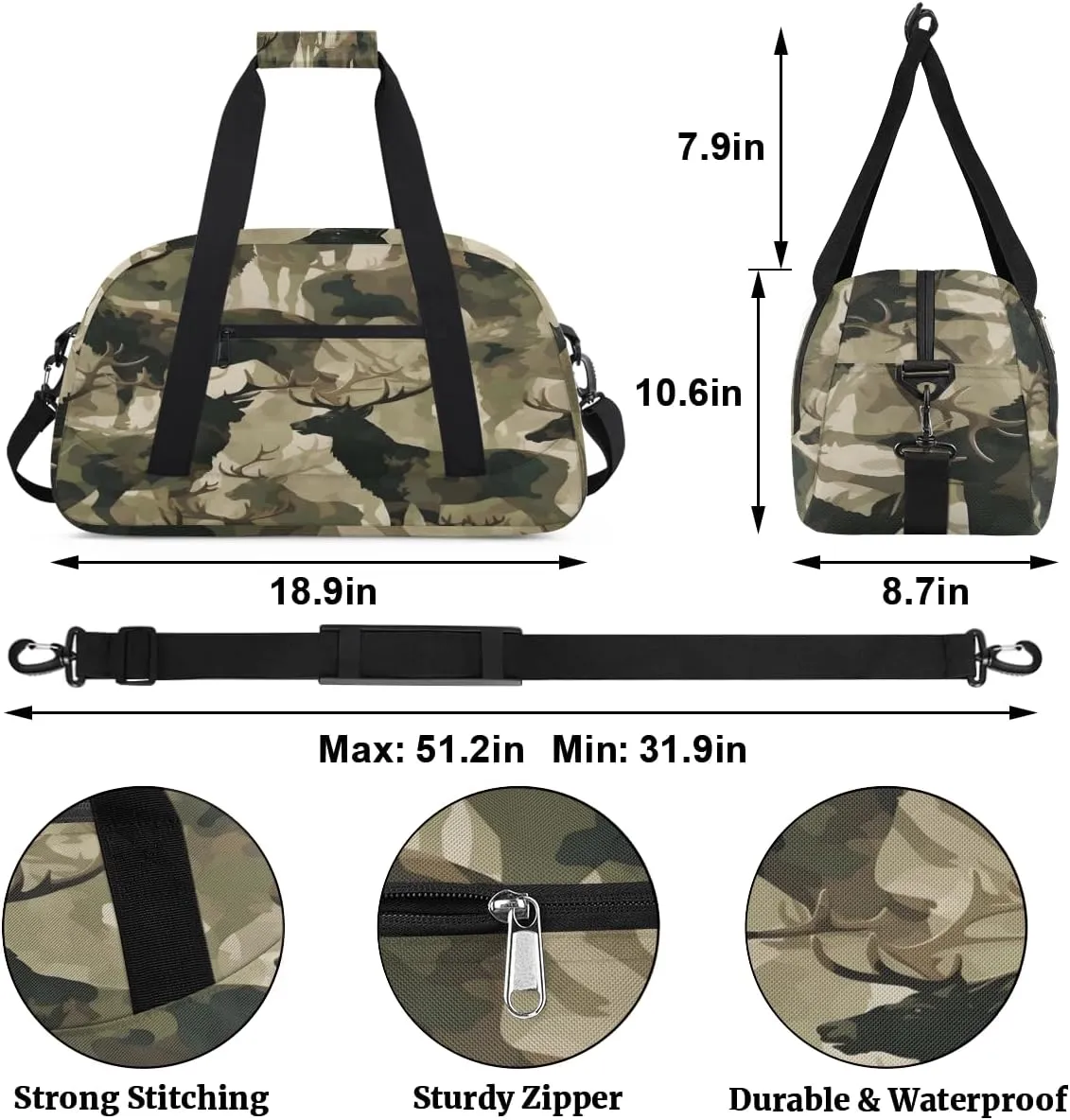 Kids Duffel Bag Military Camo Camouflage Deer,Sport Gym Bag for Boys Girls,Weekender Overnight Tote Bag Carry On Duffel Bag,L