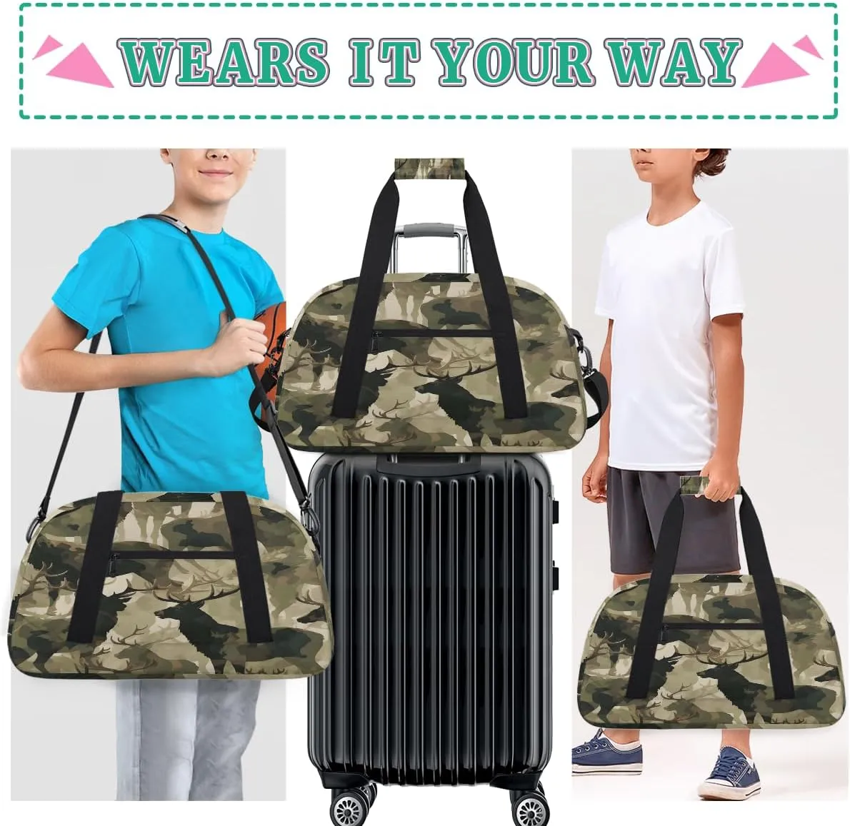 Kids Duffel Bag Military Camo Camouflage Deer,Sport Gym Bag for Boys Girls,Weekender Overnight Tote Bag Carry On Duffel Bag,L