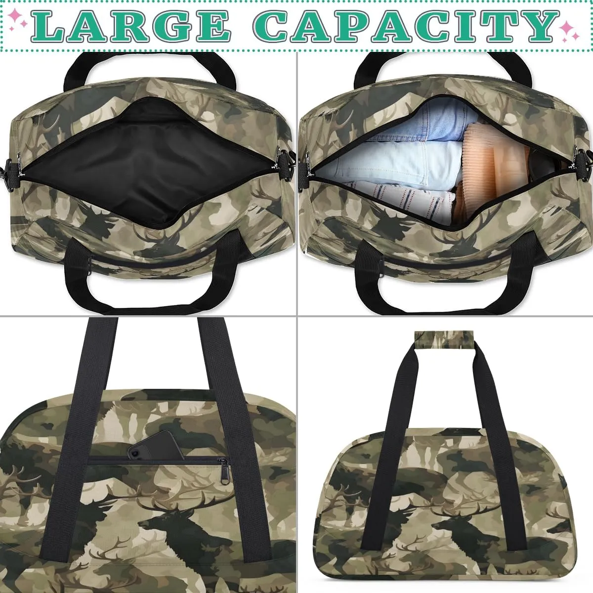 Kids Duffel Bag Military Camo Camouflage Deer,Sport Gym Bag for Boys Girls,Weekender Overnight Tote Bag Carry On Duffel Bag,L