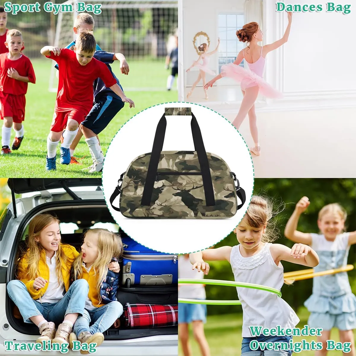Kids Duffel Bag Military Camo Camouflage Deer,Sport Gym Bag for Boys Girls,Weekender Overnight Tote Bag Carry On Duffel Bag,L