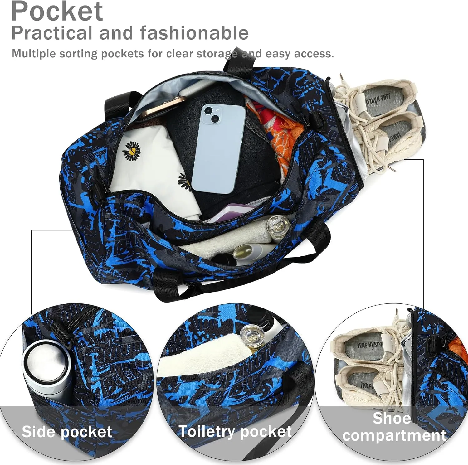 Kids Duffle Bag Girls Overnight Travel Sport Gym Bag Weekender Carry On Shoulder Bag with Shoe Compartment & Wet Pocket