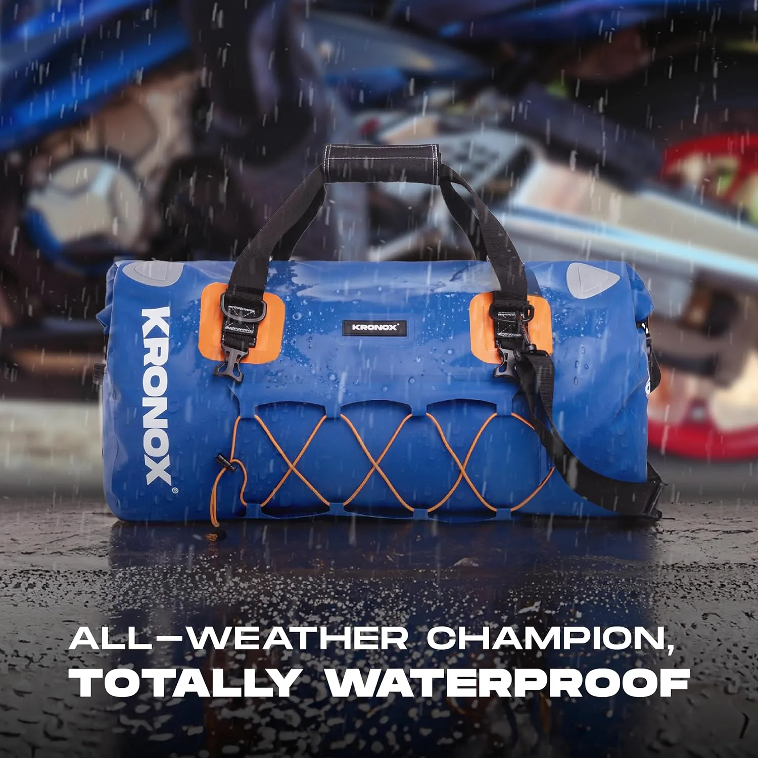 KRONOX Motorcycle Duffel Bag Waterproof, 40L Blue – Durable Motorcycle Luggage & Saddle Bags. Back Seat Dry Bag for Travel, Commute & Dirt Bike Gear