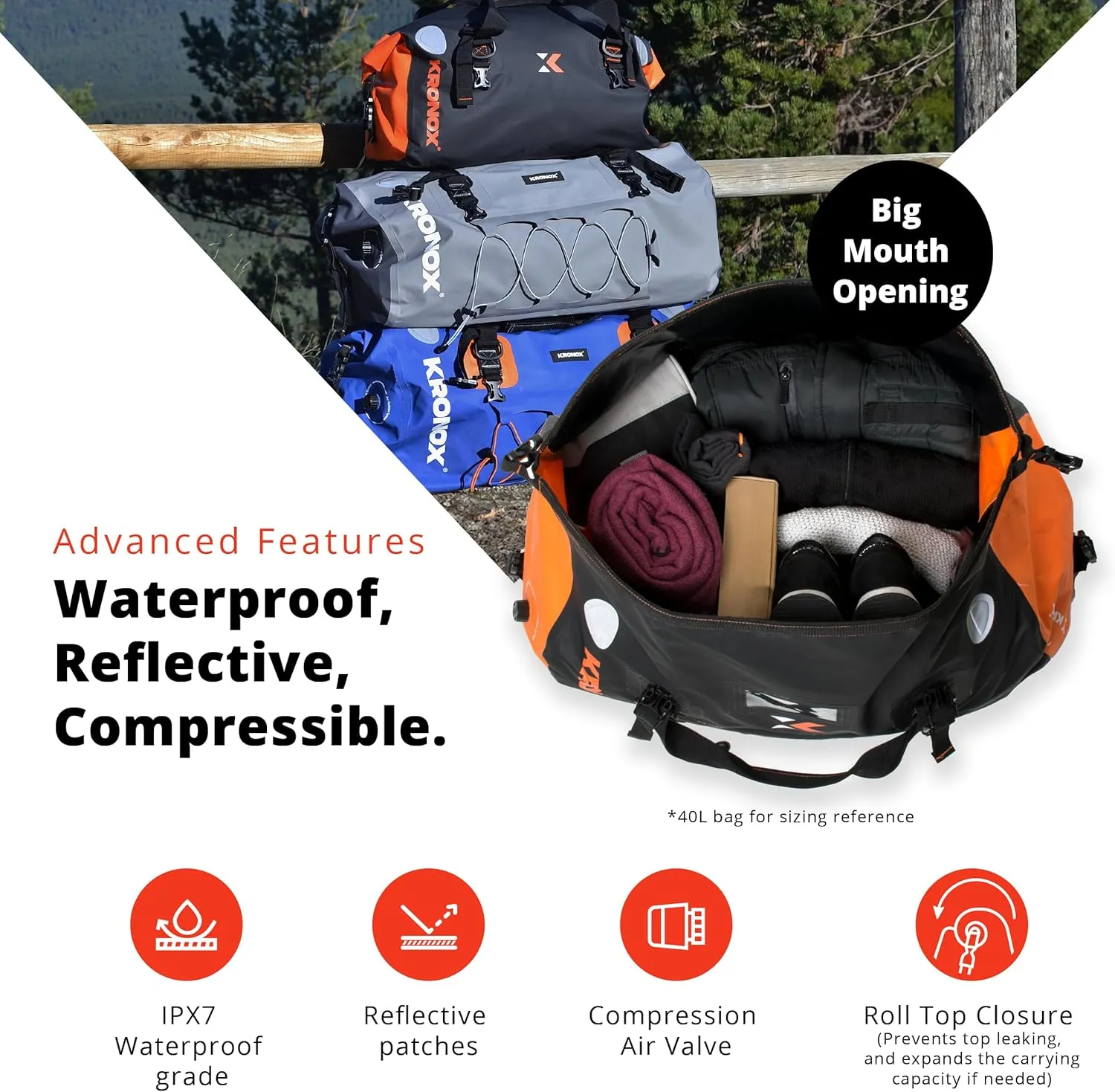 KRONOX Motorcycle Duffel Bag Waterproof, 40L Blue – Durable Motorcycle Luggage & Saddle Bags. Back Seat Dry Bag for Travel, Commute & Dirt Bike Gear