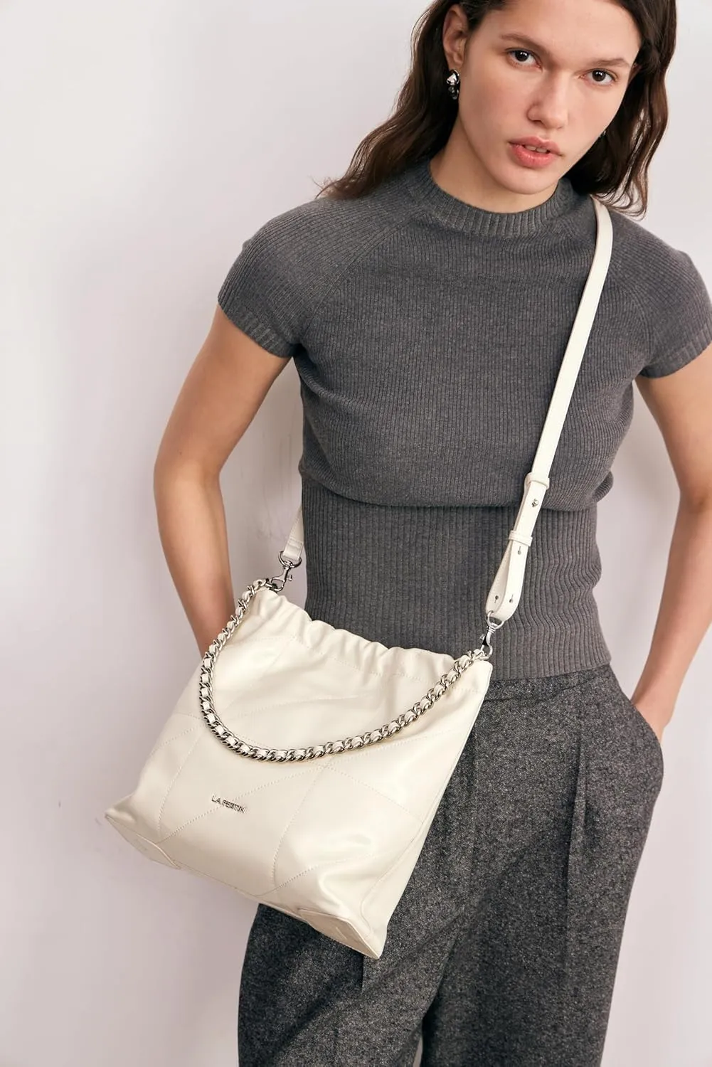 LA FESTIN Split Leather Shoulder Bag for Women with Adjustable Strap, Chain Detail, Elegant Women's Crossbody Handbags