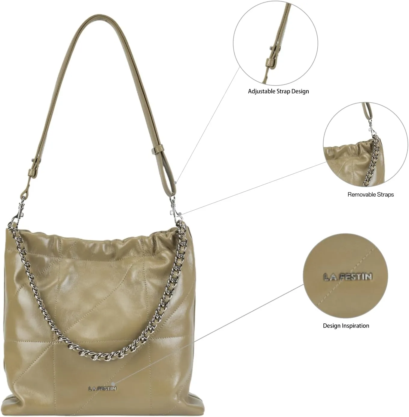 LA FESTIN Split Leather Shoulder Bag for Women with Adjustable Strap, Chain Detail, Elegant Women's Crossbody Handbags