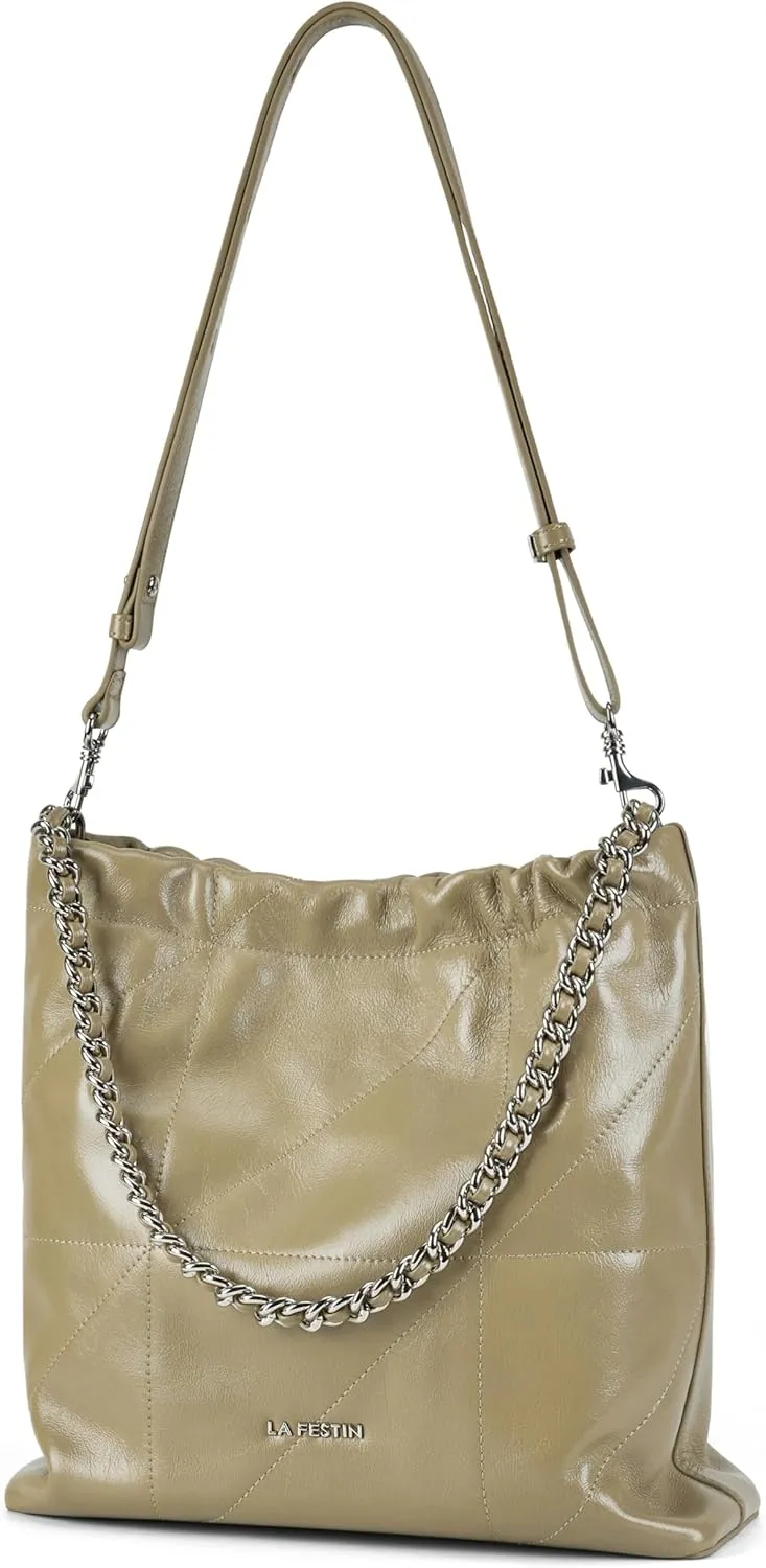 LA FESTIN Split Leather Shoulder Bag for Women with Adjustable Strap, Chain Detail, Elegant Women's Crossbody Handbags