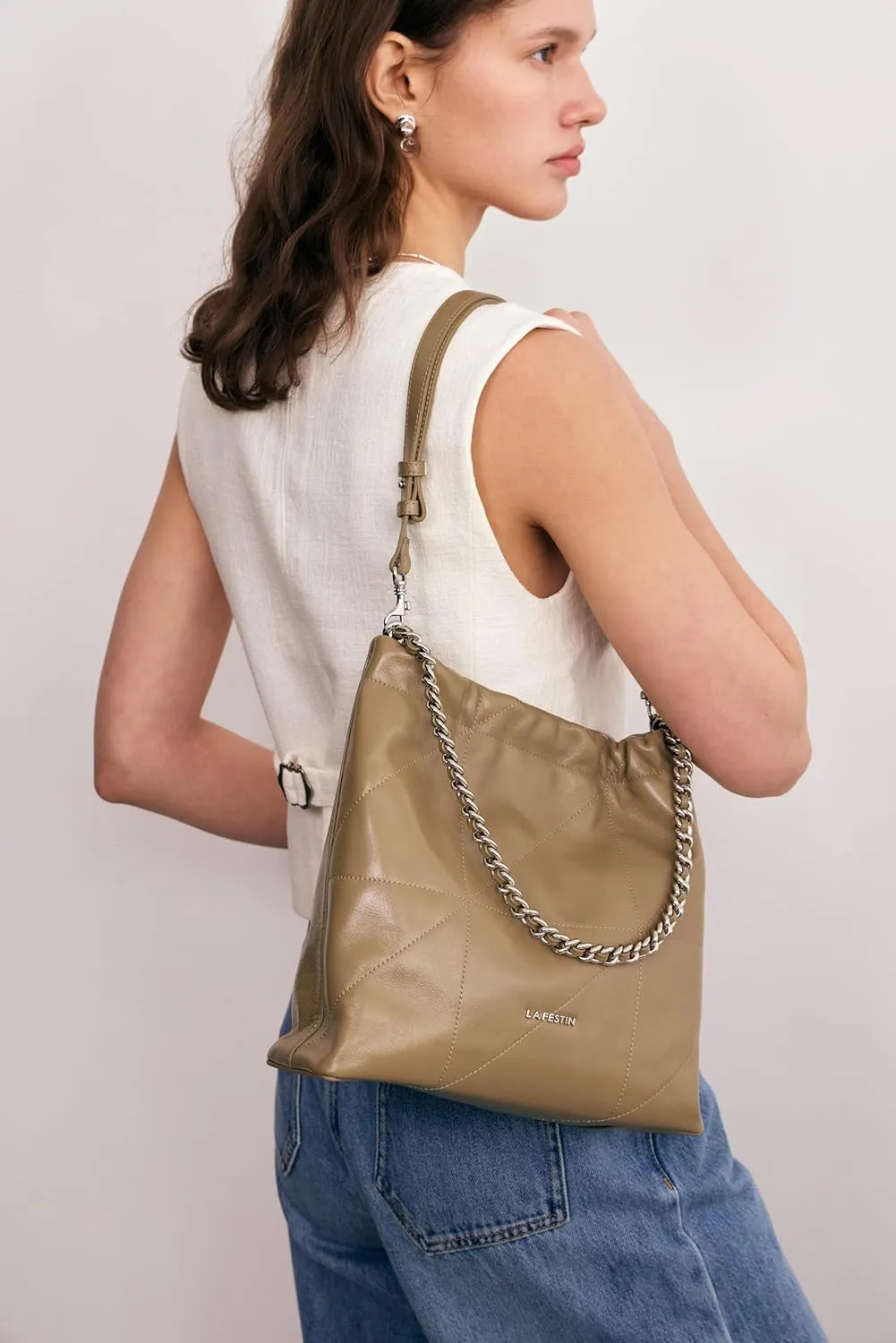 LA FESTIN Split Leather Shoulder Bag for Women with Adjustable Strap, Chain Detail, Elegant Women's Crossbody Handbags