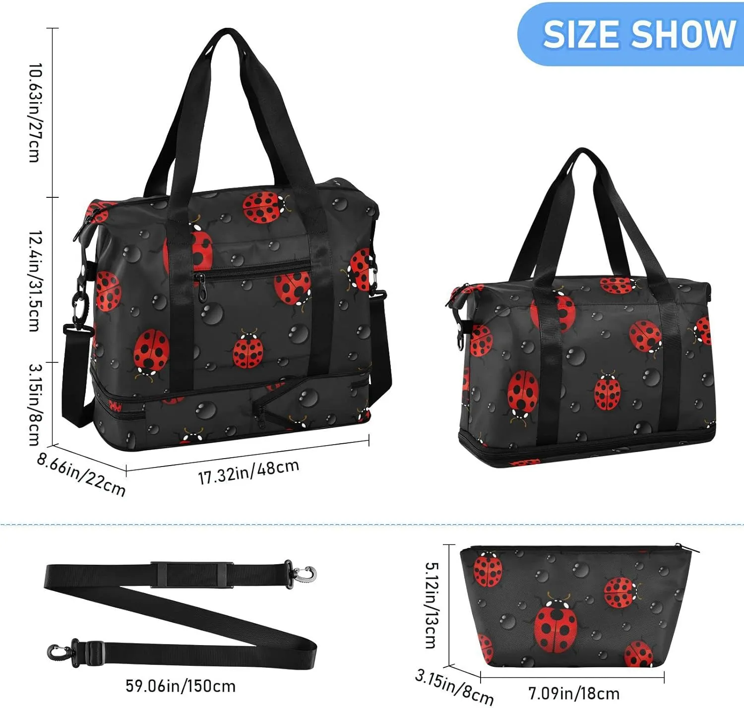 Ladybug Travel Duffel Bag for Women Men Gym Bag with Shoe Compartment Wet Pocket Carry On Weekender Overnight Bags for Traveling Gym Workout