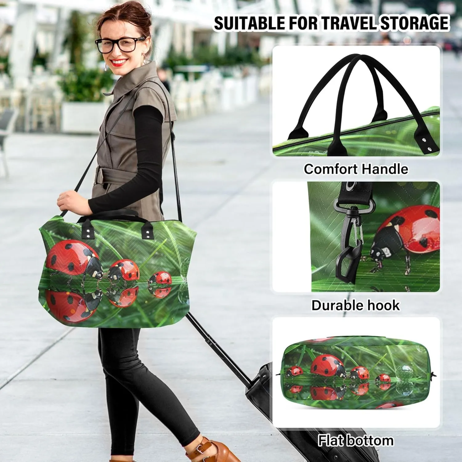 Ladybugs Droplet Grass Green Duffel Bag for Travel Toiletry Bags Set of 2, Funny Luggage Set Weekend Bag Duffel