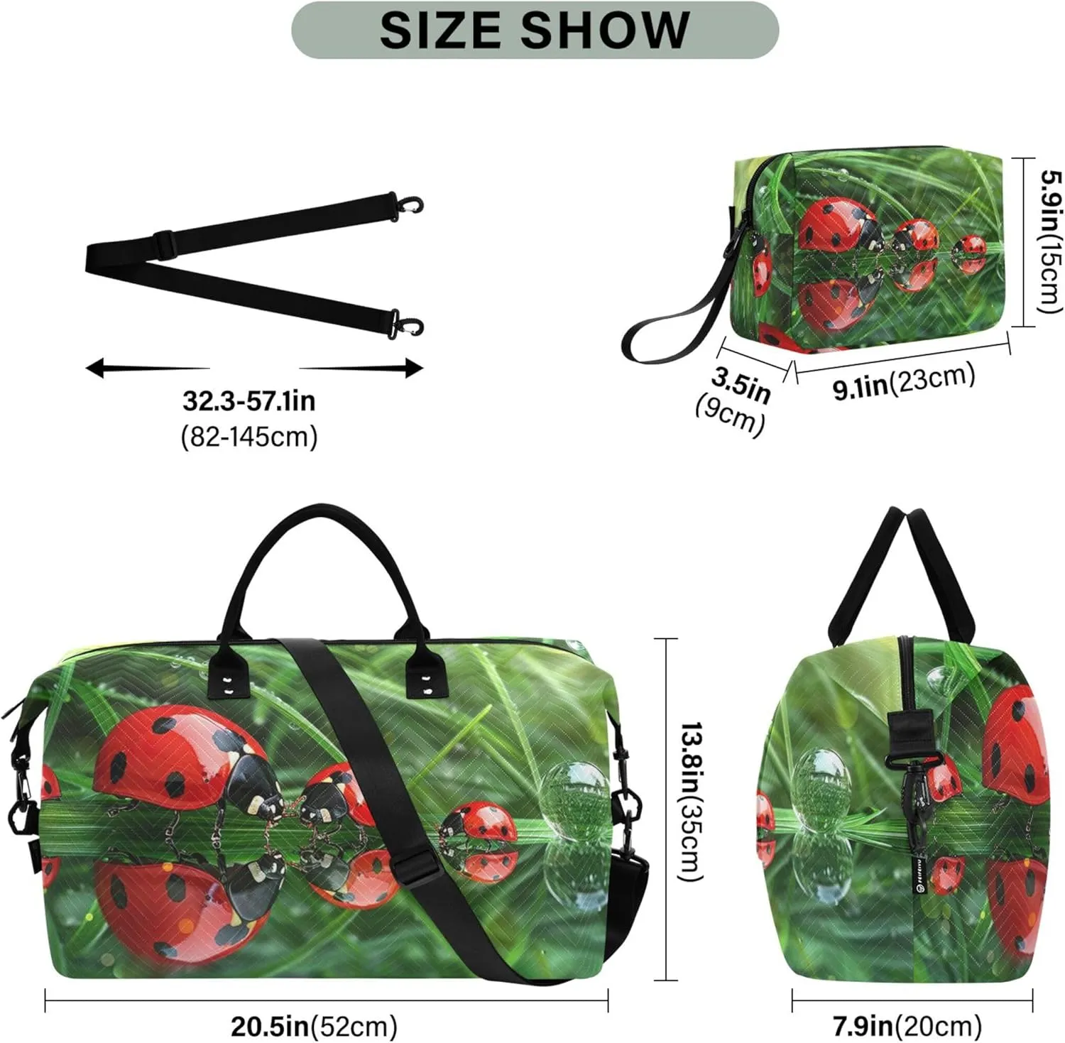 Ladybugs Droplet Grass Green Duffel Bag for Travel Toiletry Bags Set of 2, Funny Luggage Set Weekend Bag Duffel