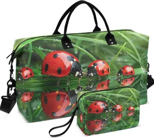 Ladybugs Droplet Grass Green Duffel Bag for Travel Toiletry Bags Set of 2, Funny Luggage Set Weekend Bag Duffel
