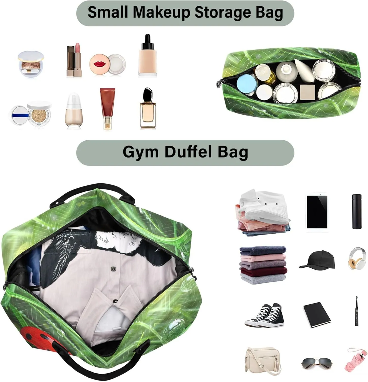 Ladybugs Droplet Grass Green Duffel Bag for Travel Toiletry Bags Set of 2, Funny Luggage Set Weekend Bag Duffel
