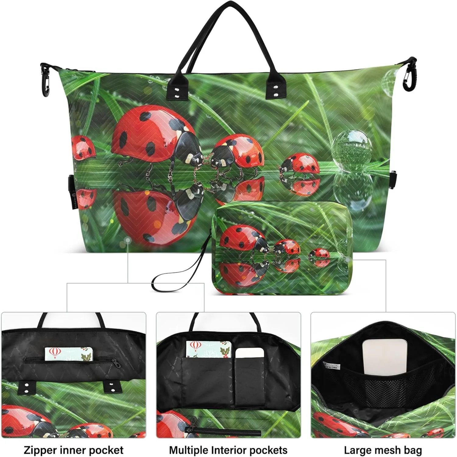 Ladybugs Droplet Grass Green Duffel Bag for Travel Toiletry Bags Set of 2, Funny Luggage Set Weekend Bag Duffel