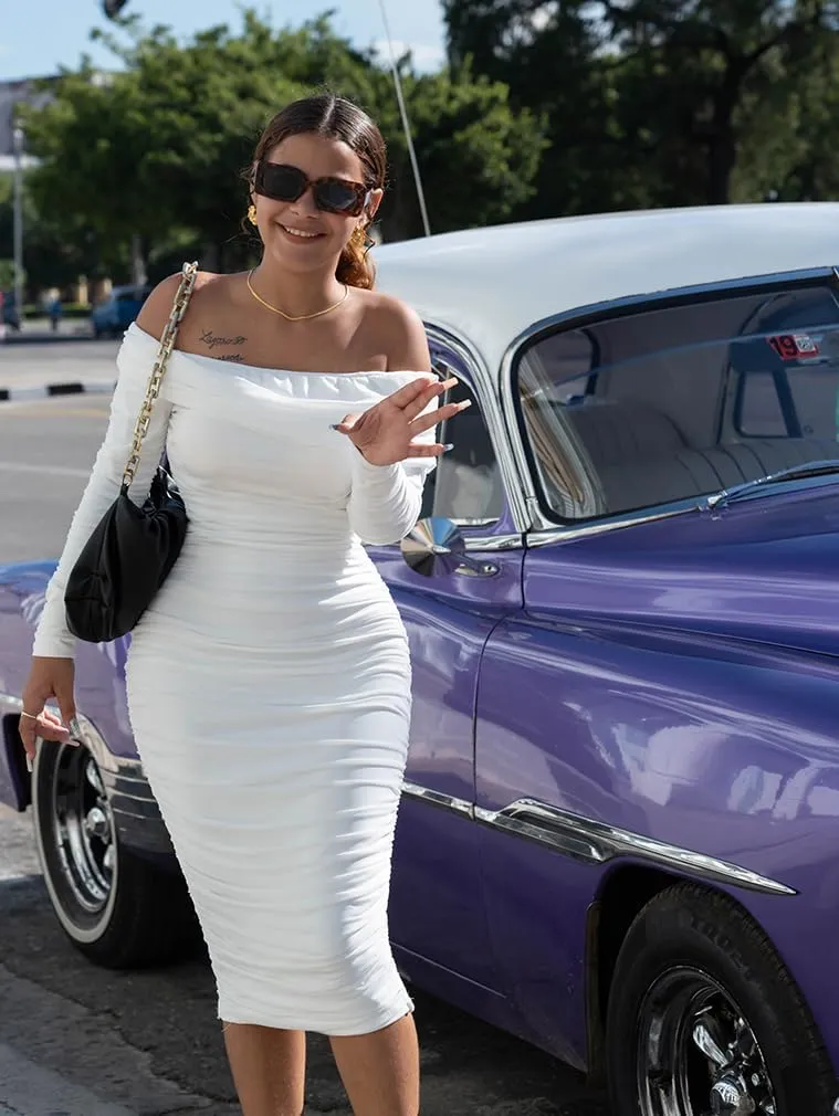 LAGSHIAN Women Sexy Off Shoulder Long Sleeve Bodycon Ruched Midi Elegant Cocktail Party Dress