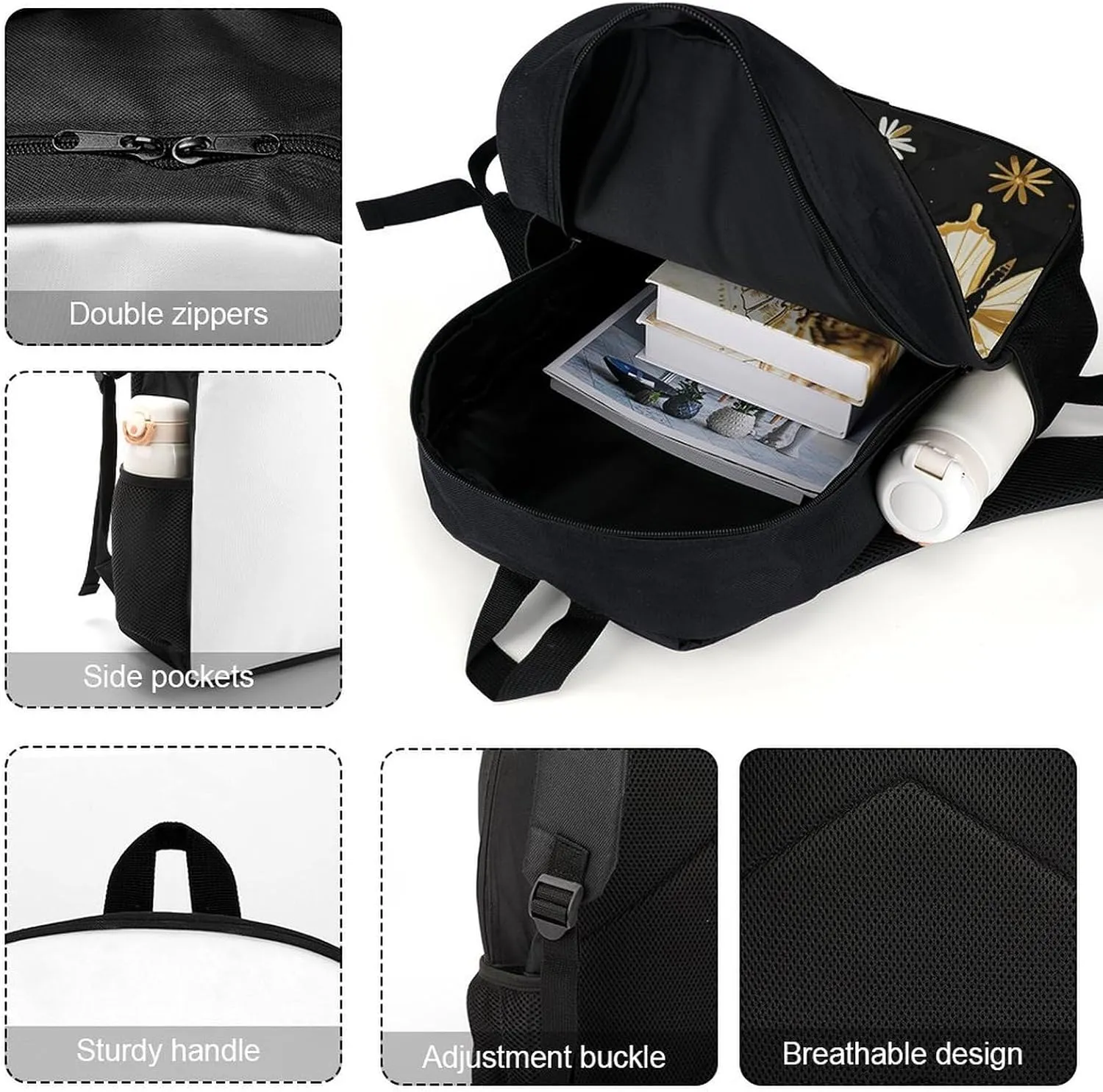 Laptop Backpack for Men Women Daypack Gold White Butterflies Black Computer Bag Travel Backpacks Laptop Bag