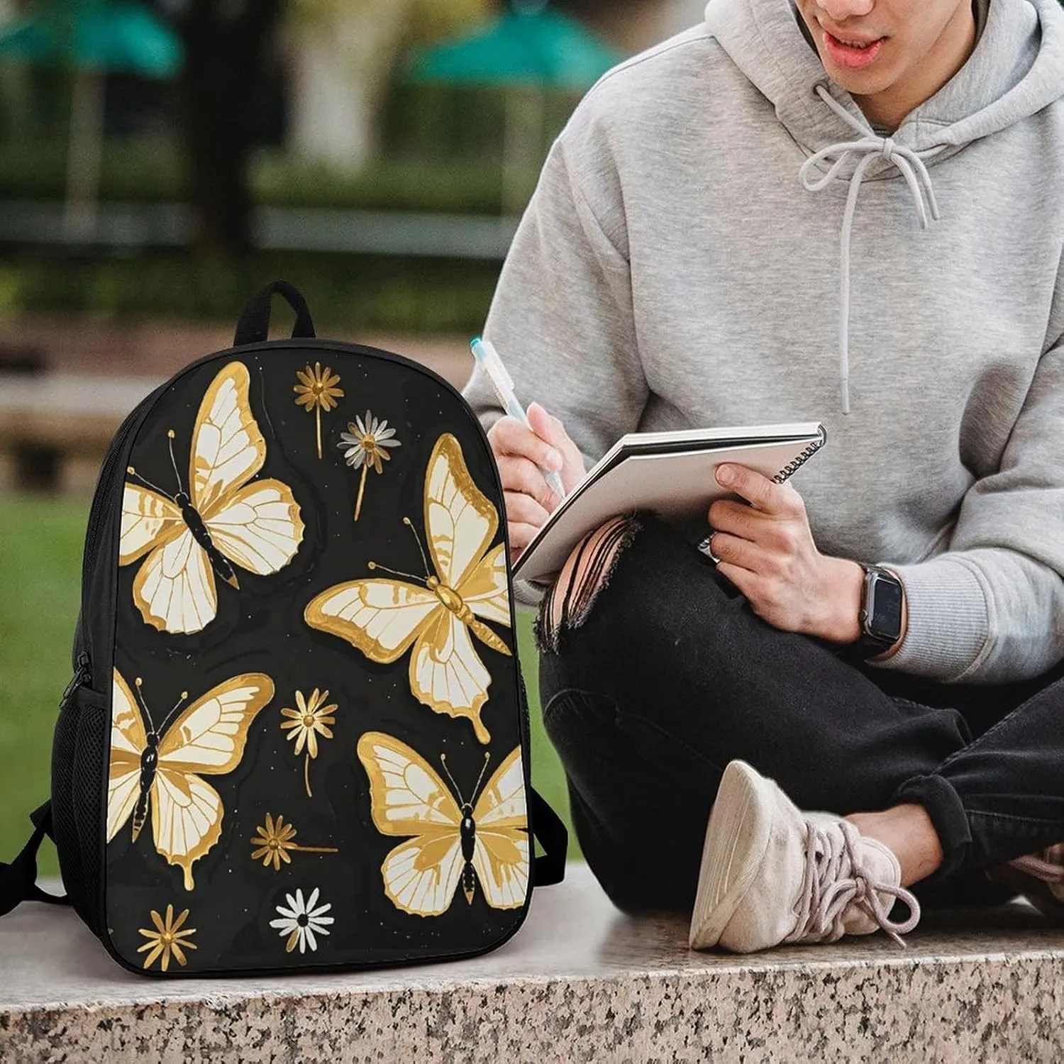 Laptop Backpack for Men Women Daypack Gold White Butterflies Black Computer Bag Travel Backpacks Laptop Bag
