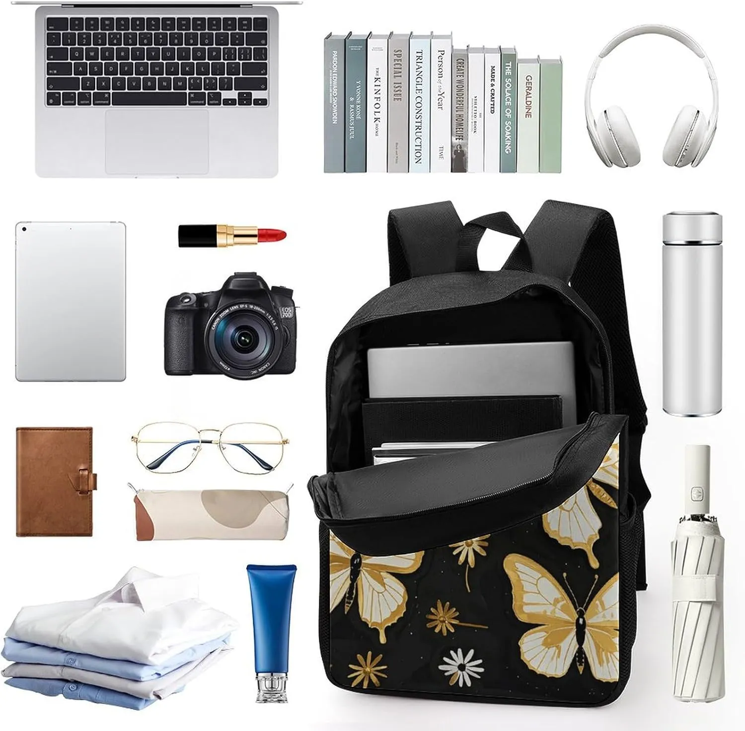 Laptop Backpack for Men Women Daypack Gold White Butterflies Black Computer Bag Travel Backpacks Laptop Bag