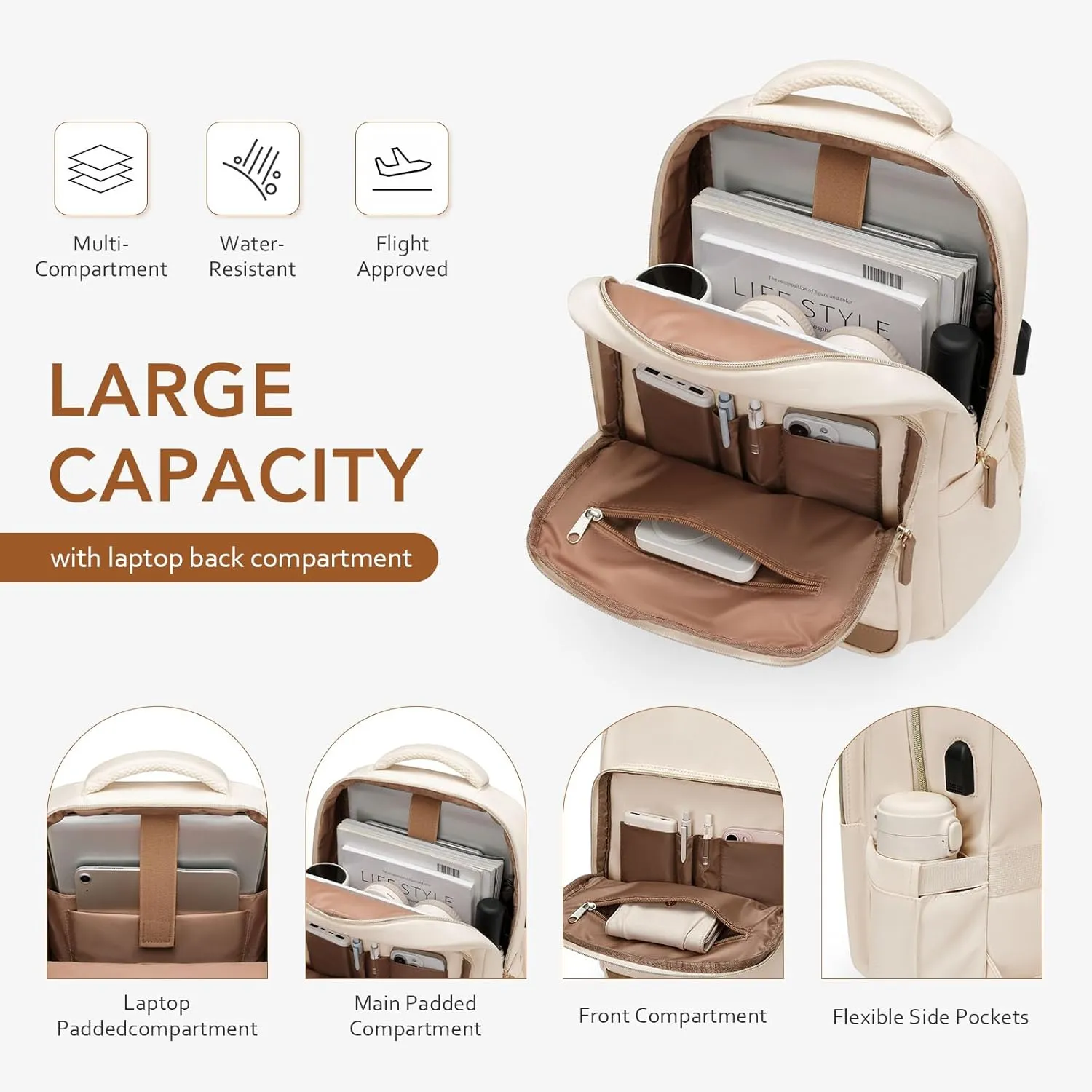 Laptop Backpack for Women,Travel Backpack with Laptop Compartment,Casual Daypack College Bookbag Computer Work Backpack, Beige