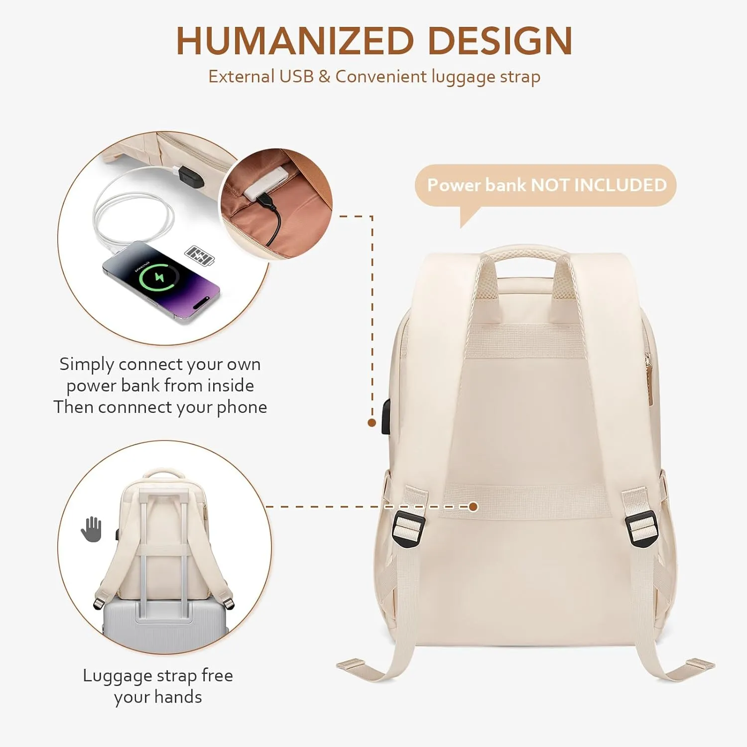 Laptop Backpack for Women,Travel Backpack with Laptop Compartment,Casual Daypack College Bookbag Computer Work Backpack, Beige