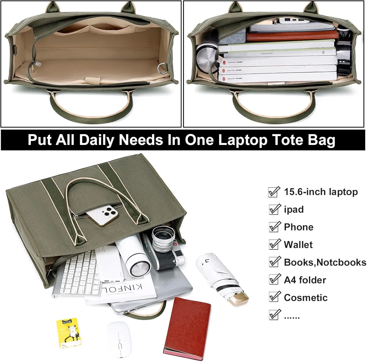 Laptop Tote Bag for Women Work 15.6 inch Canvas Shoulder Bags Computer Messenger Purse Teacher Handbag Office Briefcase