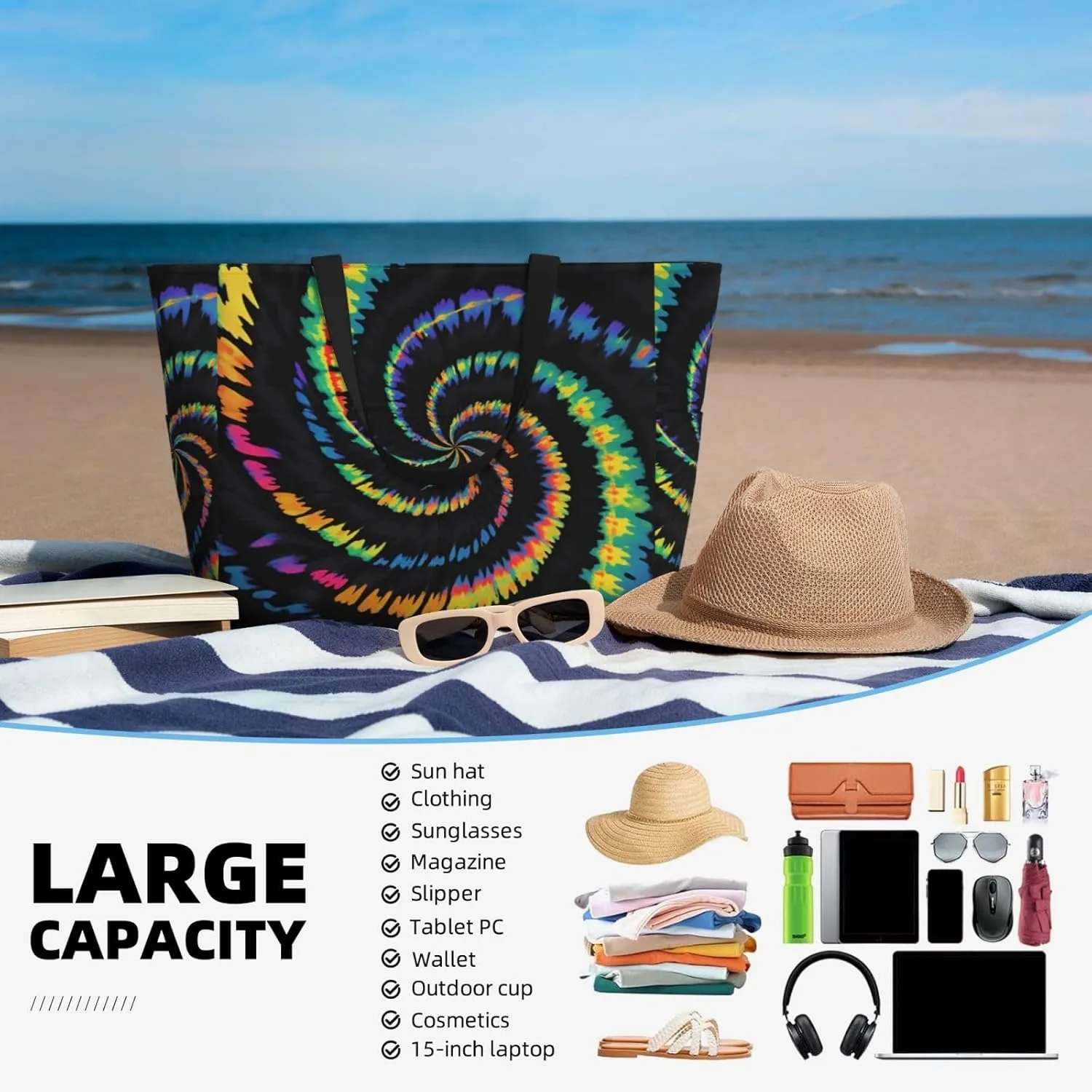 Large Beach Bag Waterproof Beach Totes Bags for Women Men, Pool Bag with Zipper Pocket
