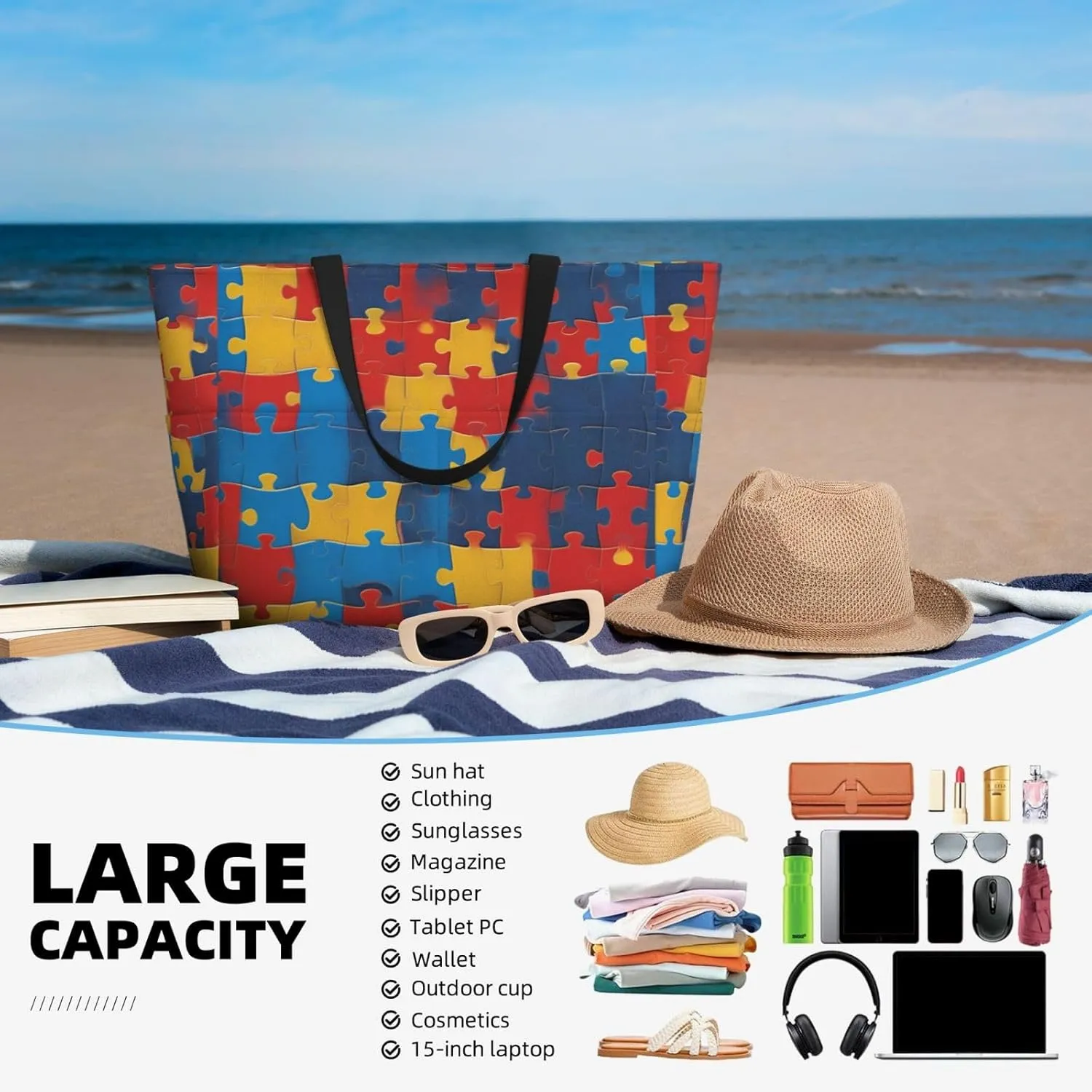 Large Beach Bag Waterproof Beach Totes Bags for Women Men, Pool Bag with Zipper Pocket