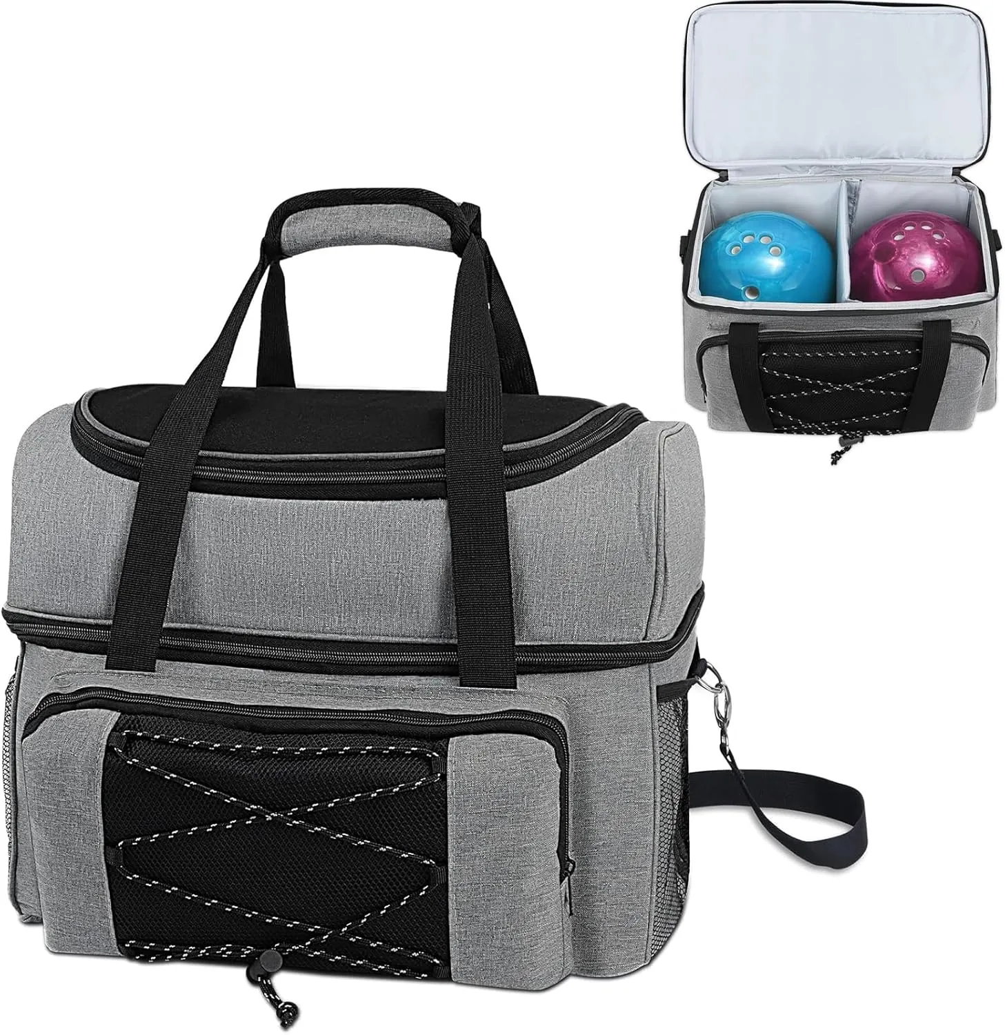 Large Bowling Ball Bag, 2 Ball Bowling Bags, Double Layers Bowling Totes with Padded Ball Holder Portable Bowling Ball Case Fits Bowling Shoes Up to Mens Size 16 Bowling Gear Organizer