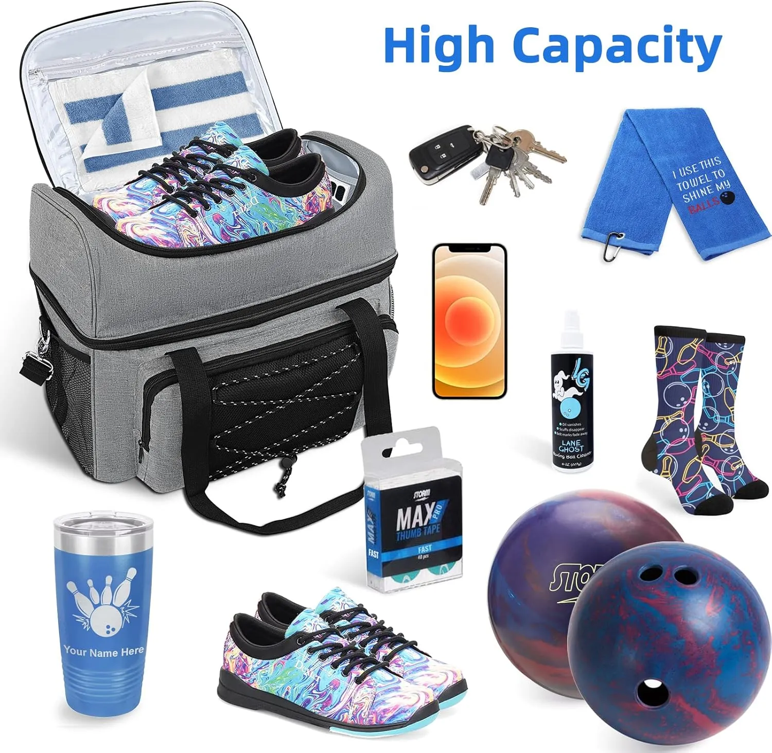 Large Bowling Ball Bag, 2 Ball Bowling Bags, Double Layers Bowling Totes with Padded Ball Holder Portable Bowling Ball Case Fits Bowling Shoes Up to Mens Size 16 Bowling Gear Organizer