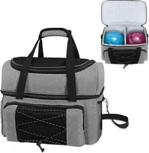Large Bowling Ball Bag, 2 Ball Bowling Bags, Double Layers Bowling Totes with Padded Ball Holder Portable Bowling Ball Case Fits Bowling Shoes Up to Mens Size 16 Bowling Gear Organizer