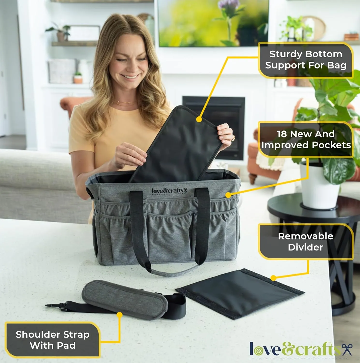 Large Craft Organizer Tote Bag - Art Bag 16 x 7.9 x 9.5 with Elastic Side Pockets to Keep Markers Tidy - Durable Craft Bag Organizer Tote - Caddy Organizer with Handle and Removable Divider (Grey)