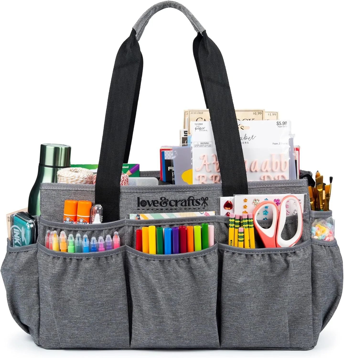 Large Craft Organizer Tote Bag - Art Bag 16 x 7.9 x 9.5 with Elastic Side Pockets to Keep Markers Tidy - Durable Craft Bag Organizer Tote - Caddy Organizer with Handle and Removable Divider (Grey)