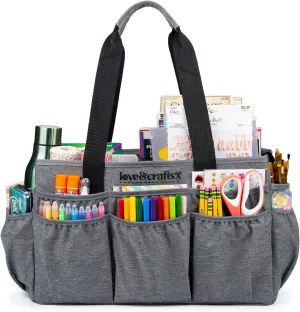 Large Craft Organizer Tote Bag - Art Bag 16 x 7.9 x 9.5 with Elastic Side Pockets to Keep Markers Tidy - Durable Craft Bag Organizer Tote - Caddy Organizer with Handle and Removable Divider (Grey)