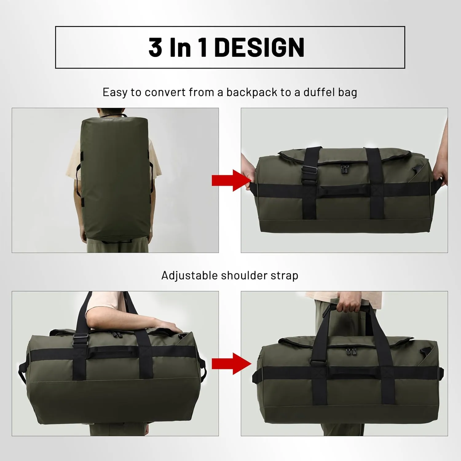Large Duffel Backpack Bag, 3-Way Water Resistant Gym Duffle Bag with Shoe Compartment for Sports Workout