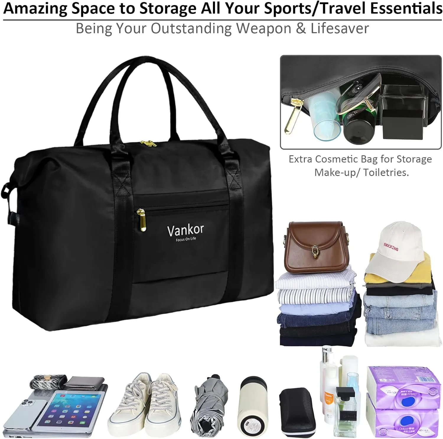 Large Duffle Bag for Travel Waterproof 21 Inch, Vankor Gym Duffel Bag for Women Men Durable Carry on Weekender Overnight Sports Luggage Weekend Beach Yoga Workout Hospital Mommy Diaper Bag Black