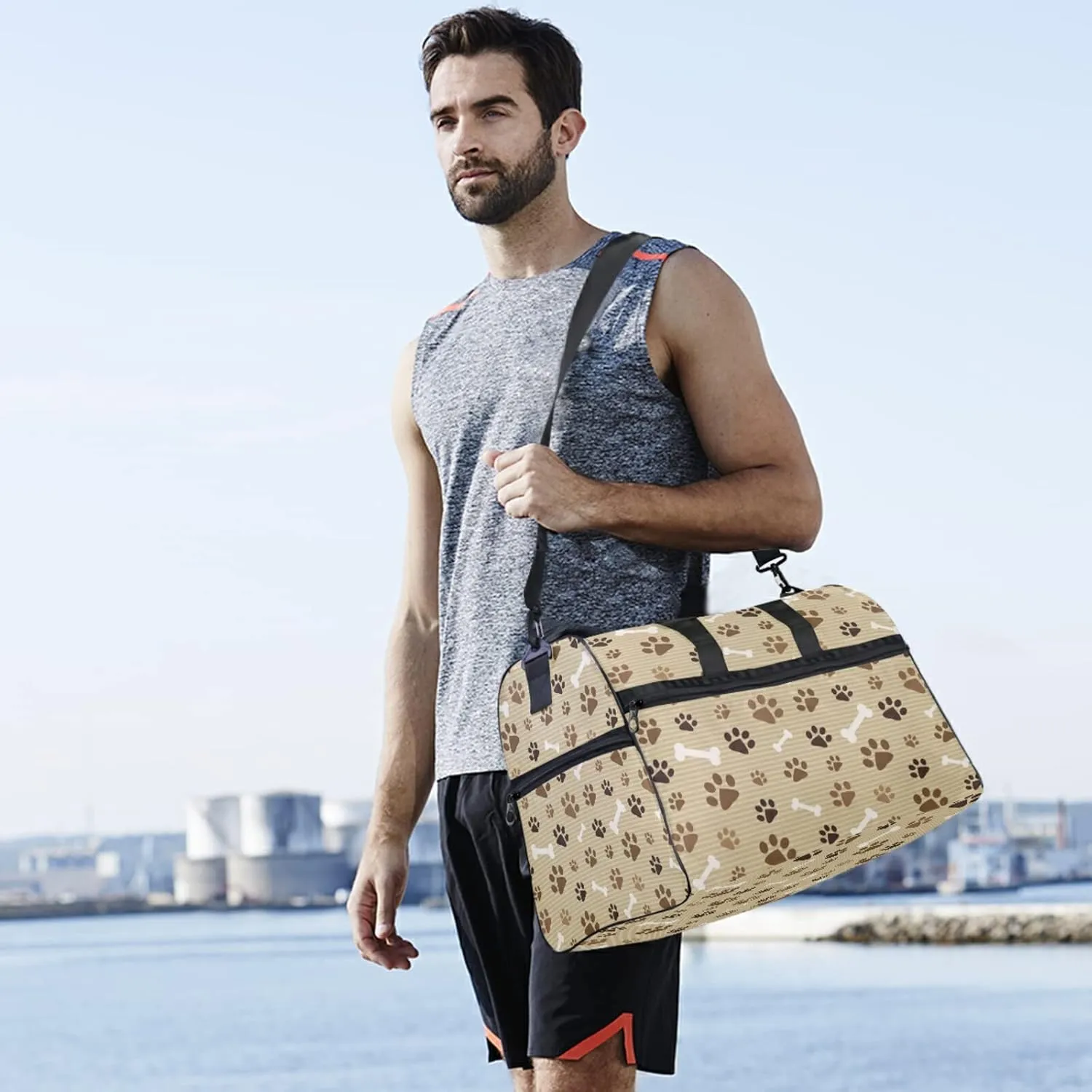Large Travel Duffel Bag for Women Men Animal Dog Paw Print Sports Tote Gym Bag Shoulder Weekender Foldable Overnight Bags with Shoe Compartments, Lightweight