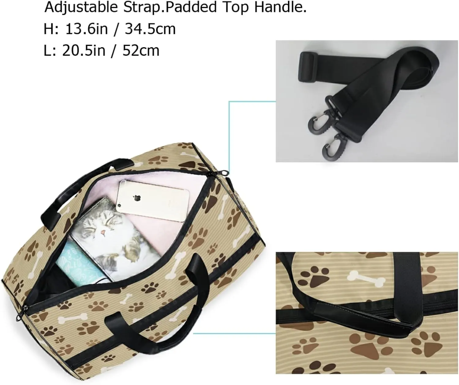 Large Travel Duffel Bag for Women Men Animal Dog Paw Print Sports Tote Gym Bag Shoulder Weekender Foldable Overnight Bags with Shoe Compartments, Lightweight