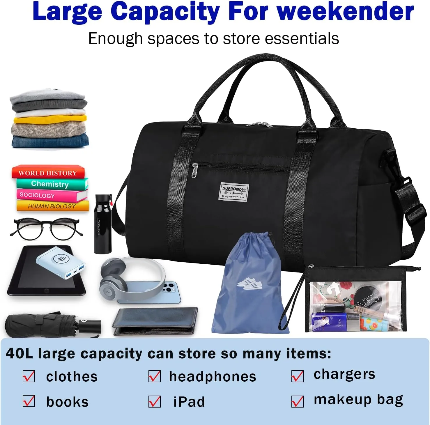 Large Travel Duffel, Sports Tote, Gym Yoga, Airplane Carry-on Bag - Includes Shoe and Clear Makeup Bag - Overnight Crossbody for Men & Women - Black