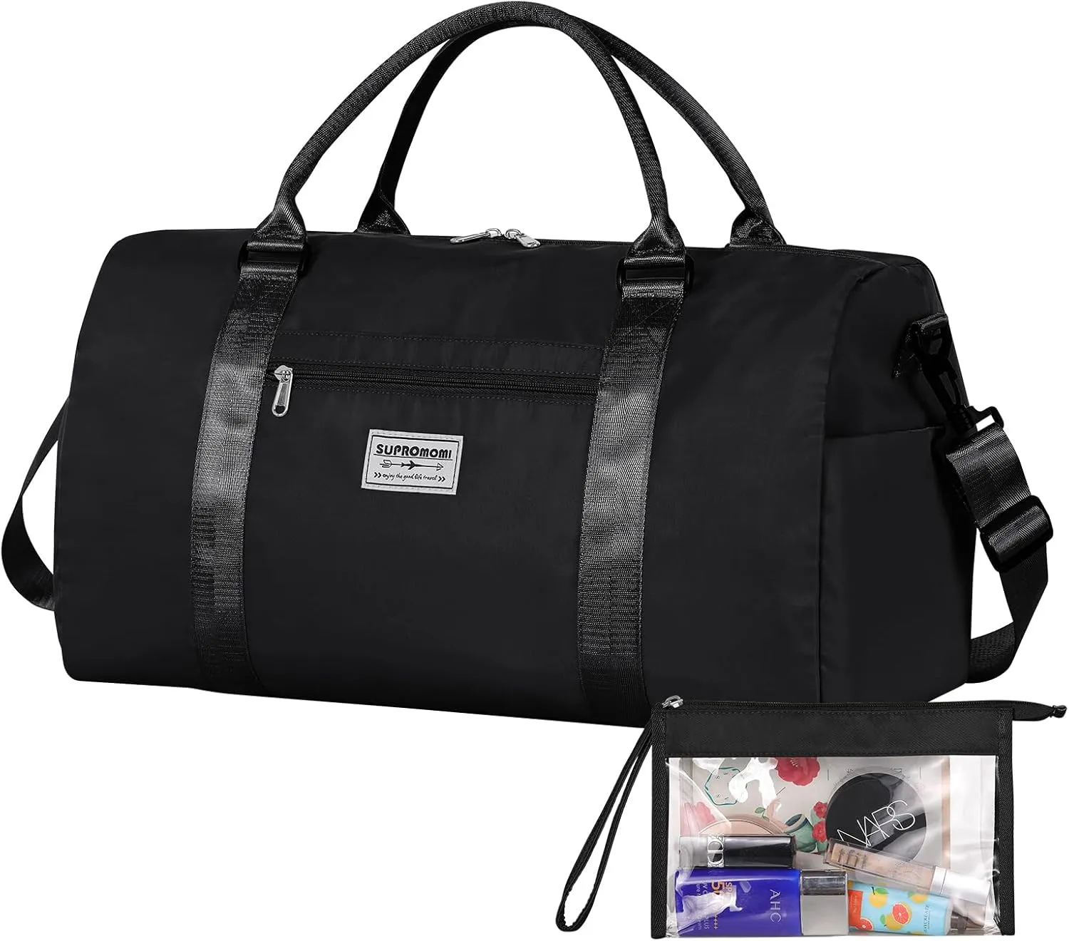 Large Travel Duffel, Sports Tote, Gym Yoga, Airplane Carry-on Bag - Includes Shoe and Clear Makeup Bag - Overnight Crossbody for Men & Women - Black