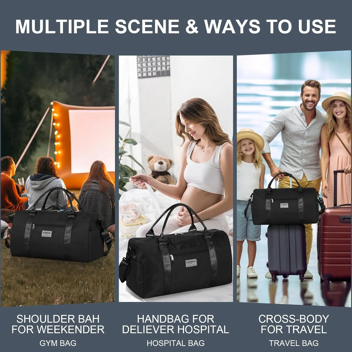 Large Travel Duffel, Sports Tote, Gym Yoga, Airplane Carry-on Bag - Includes Shoe and Clear Makeup Bag - Overnight Crossbody for Men & Women - Black