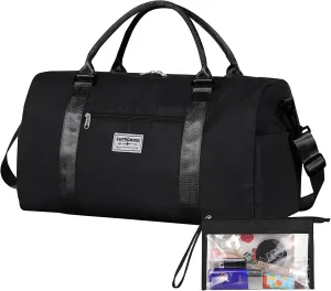 Large Travel Duffel, Sports Tote, Gym Yoga, Airplane Carry-on Bag - Includes Shoe and Clear Makeup Bag - Overnight Crossbody for Men & Women - Black
