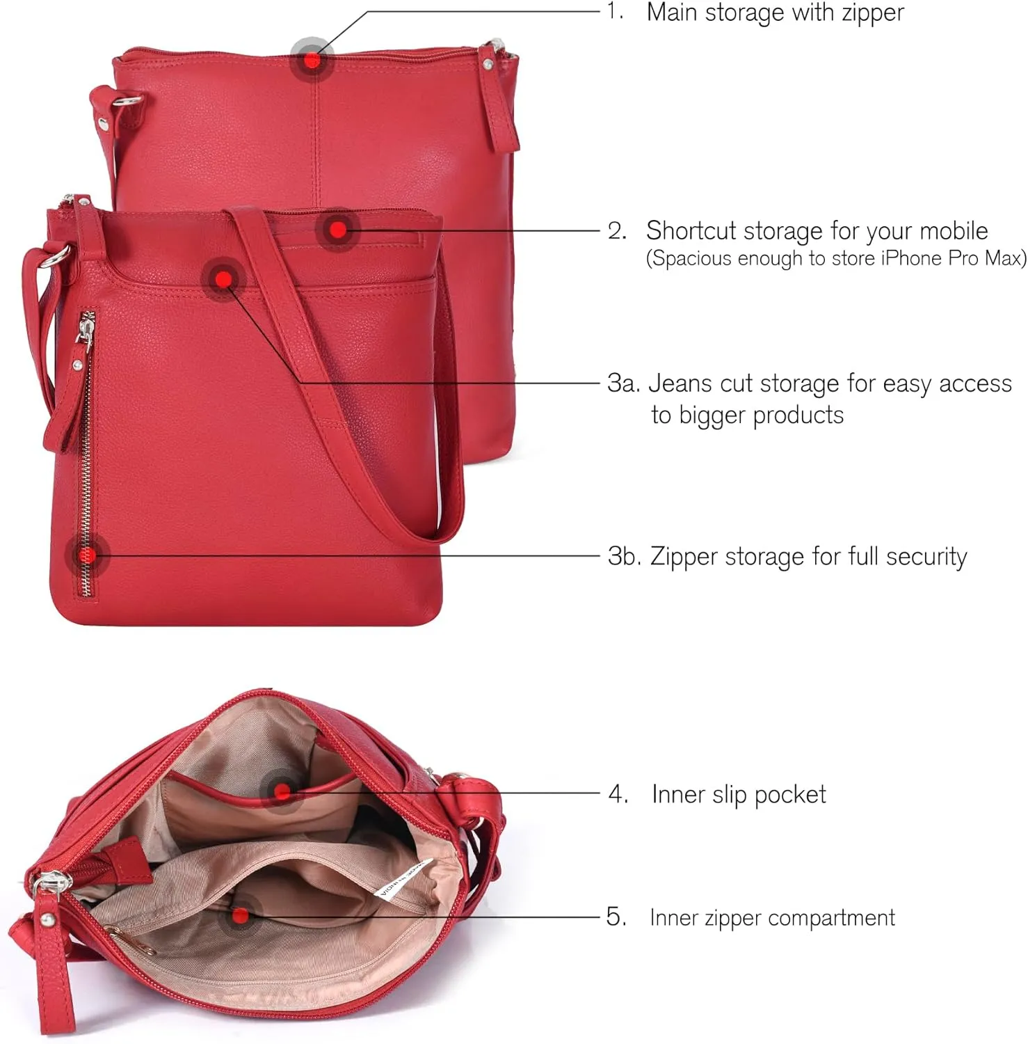 Leather Crossbody Bags for Women - Ladies Sling Handbags - Medium Cross body Purses Handbags - Purses For Women
