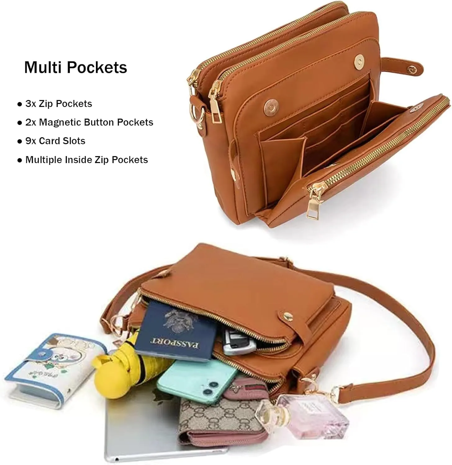 Leather Waterproof Medium Crossbody Bags - Trendy Triple Zip Women's Handbags
